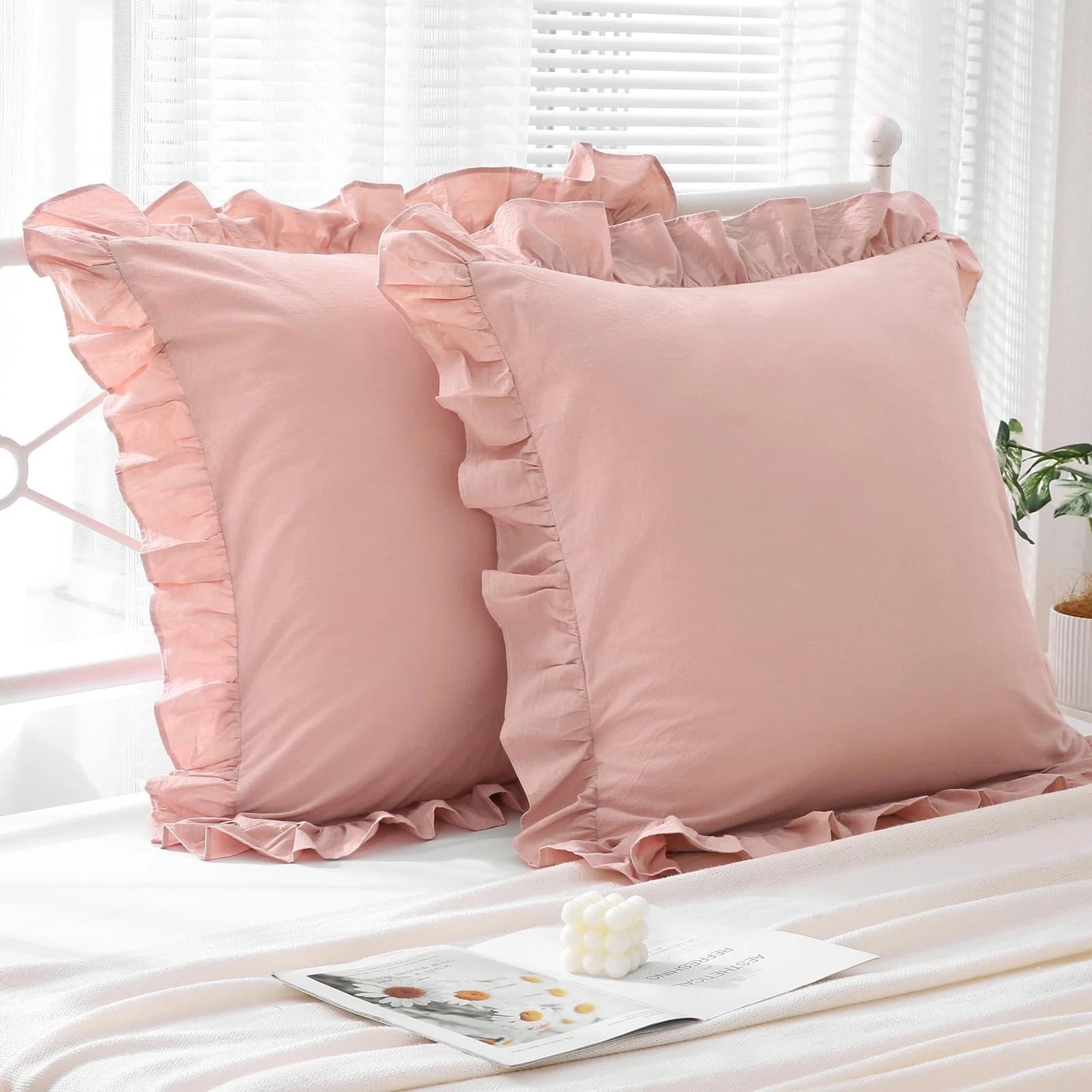 Ruffle Pillowcases Farmhouse Dusty Rose Throw Pillow Covers for Couch,Washed ...