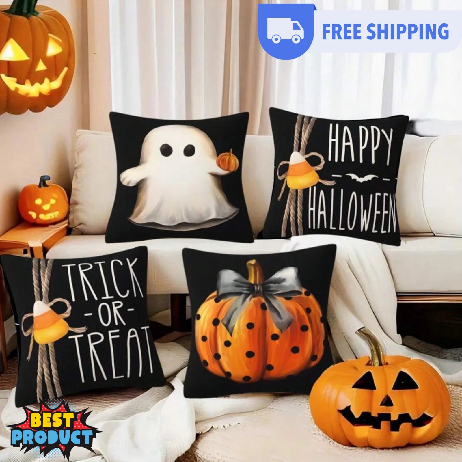 4pcs Halloween Pillow Case 18"X18" Black White Decorative Cushion Cover for Home