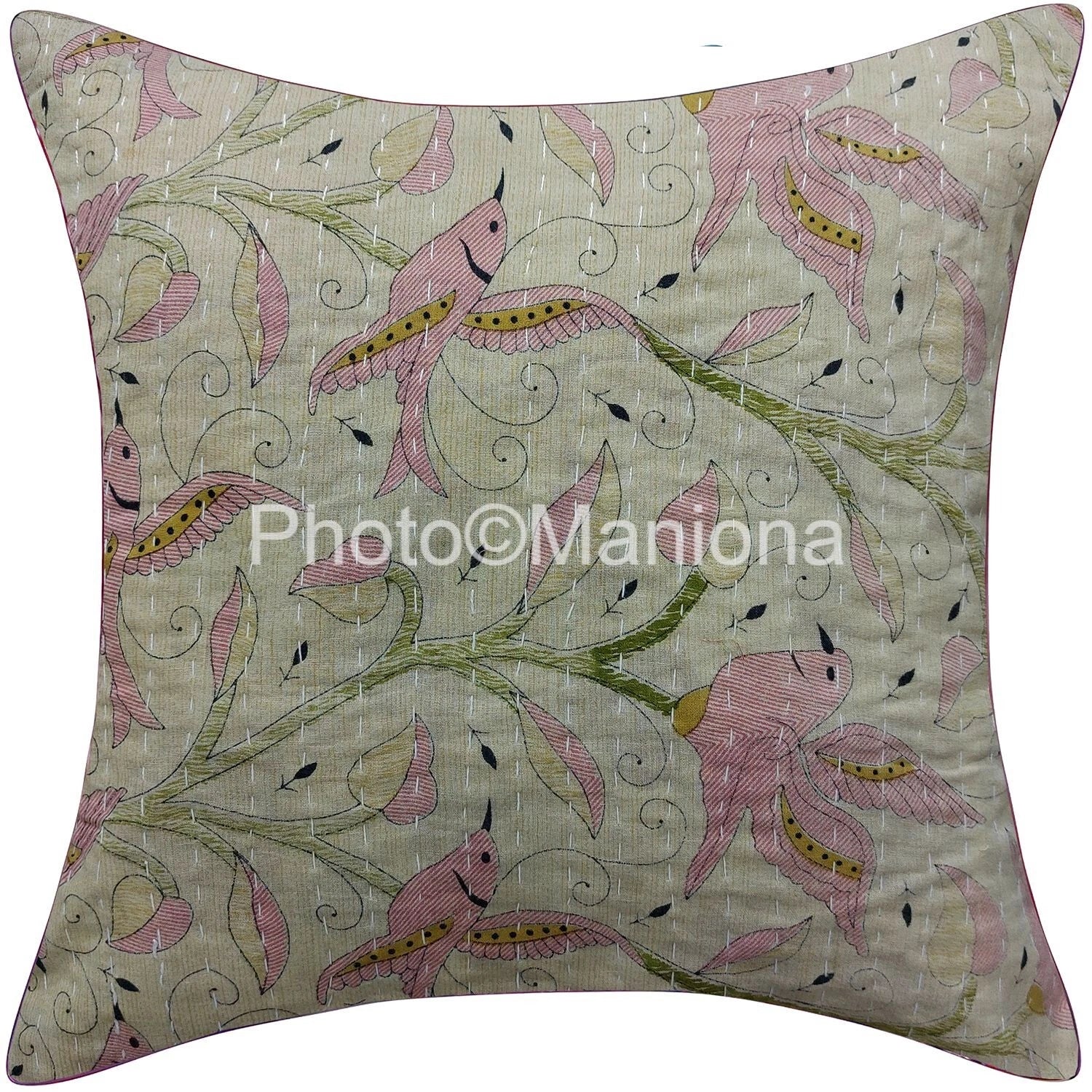 Indian Kantha Cushion Cover bird print Boho Sofa bed Pillow Cases For Home Decor