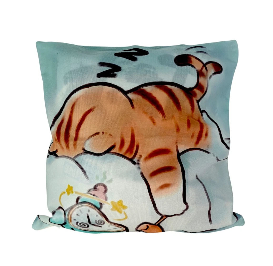 Kitty Cat Cushion Pillow Case Sofa Pillow Covers Zipper Sleepy Cat Clock Printed