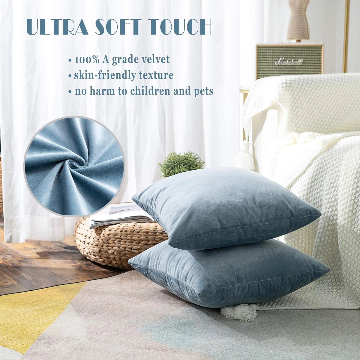 Super Soft Velvet Square Throw Pillow Covers for Bed Couch Sofa Bench, 18 X 18