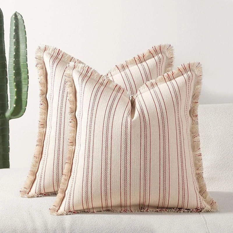 Set of 2 Canvas Sofa Couch Decor Pillow Covers 18x18 in, Bed Stripe Red
