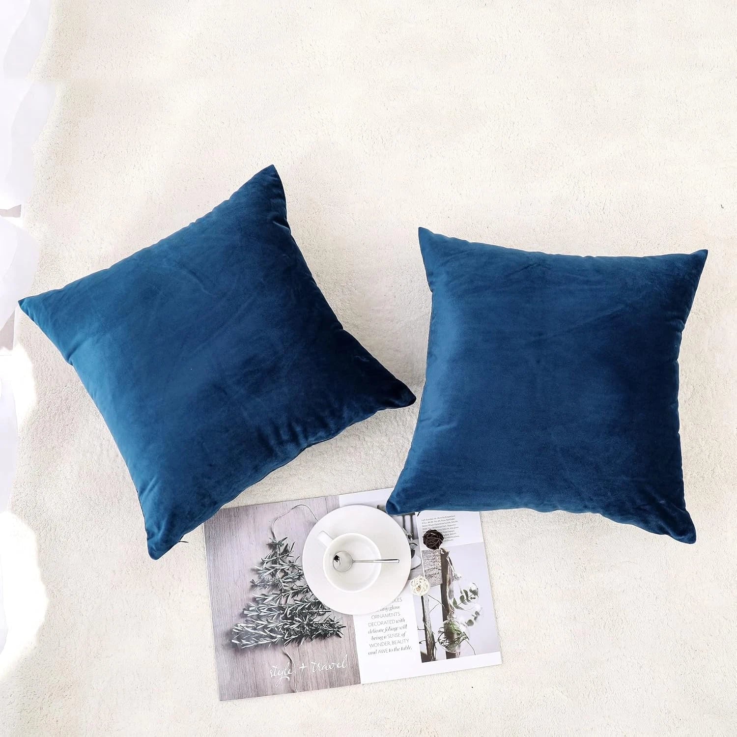 Velvet Throw Pillow Covers Set of 2 for Couch and Outdoor, 18x18 Inch, Blue