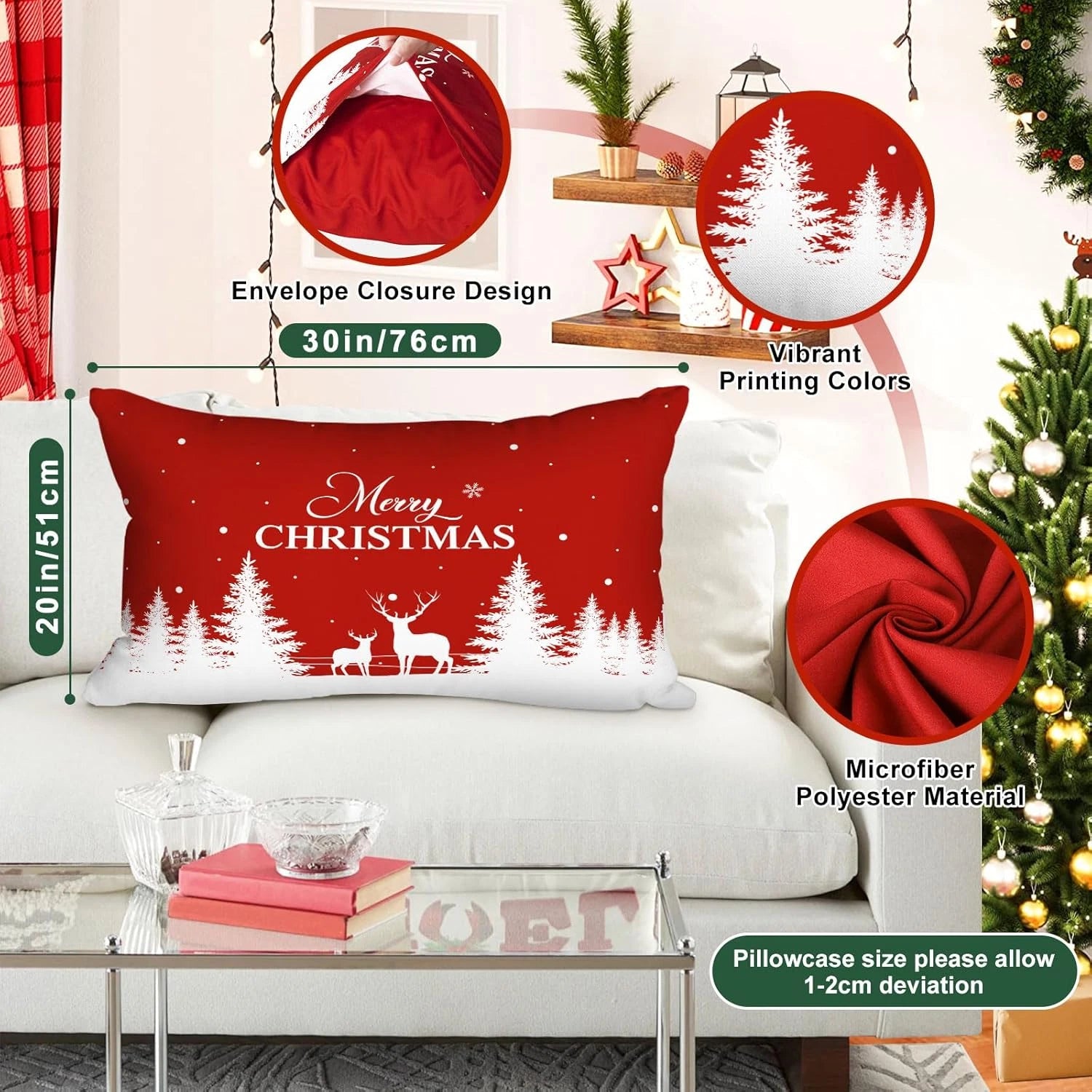 Christmas Queen Pillowcase 20X30 Set of 2, Red Christmas Tree Snowflake Lumbar P