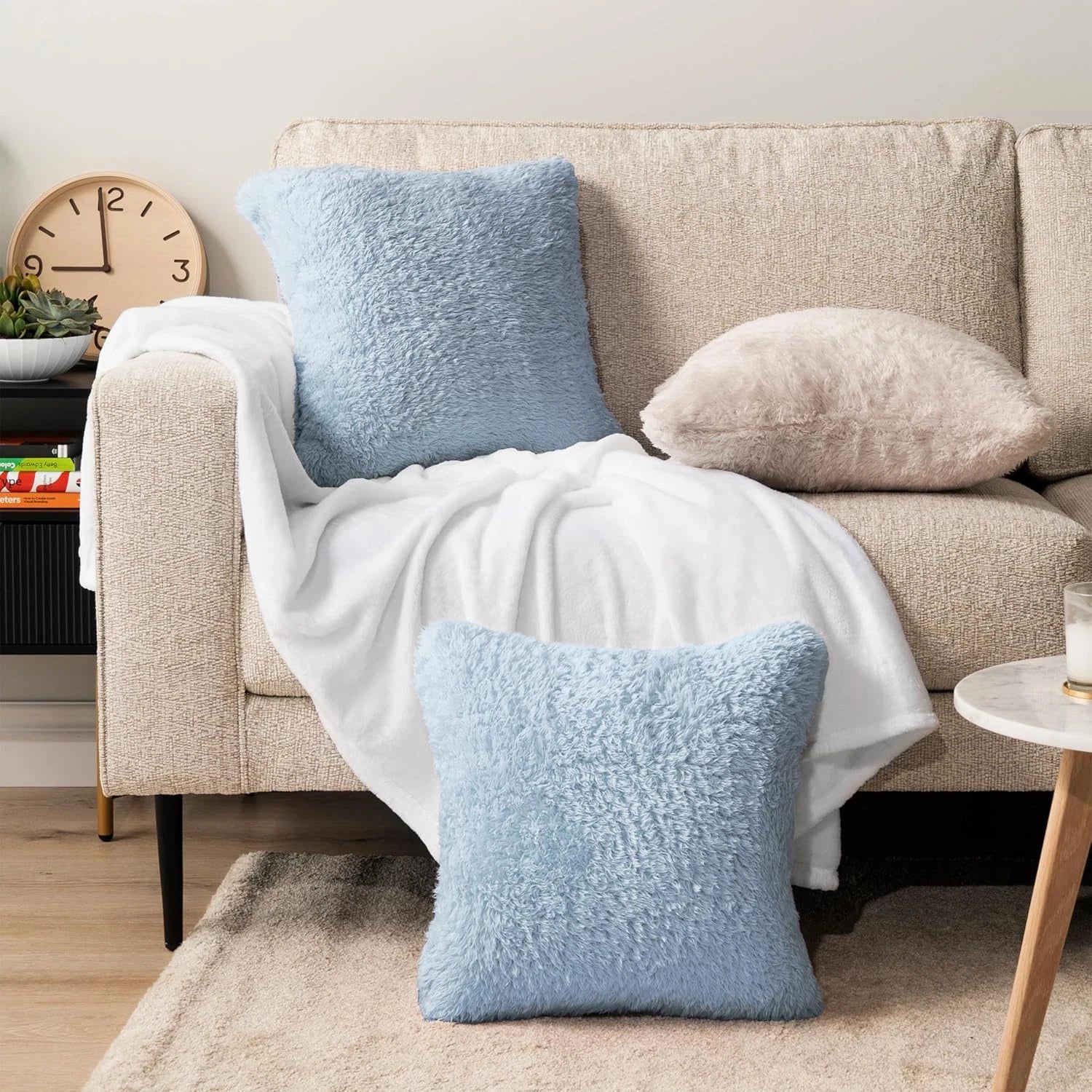 Fluffy Dusty Blue Throw Pillow Covers, Decorative Accent Pillow Cases for Bed So