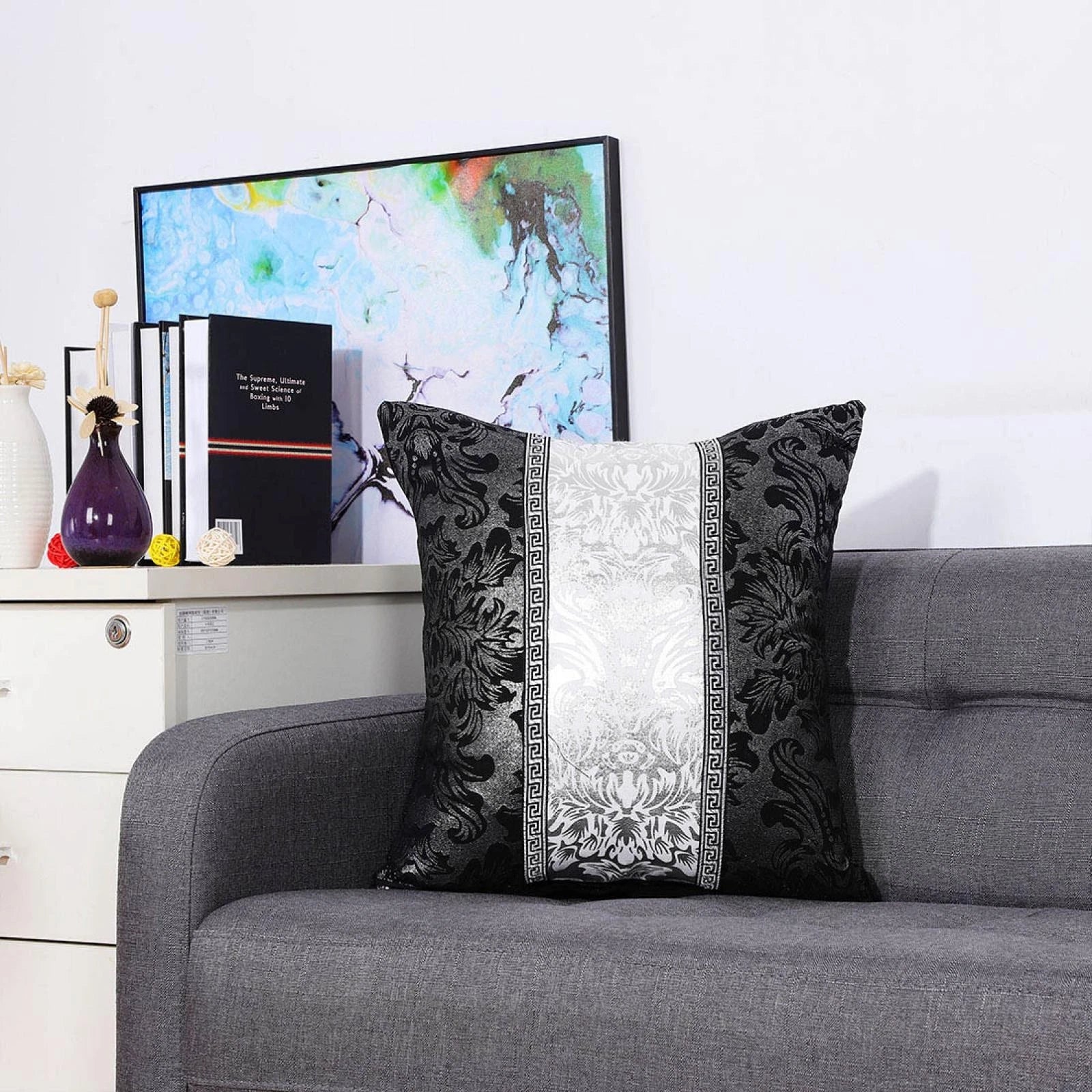 Soft Throw Pillow Case for Sofa Decorative Cushion Cover Room, Black & Silver