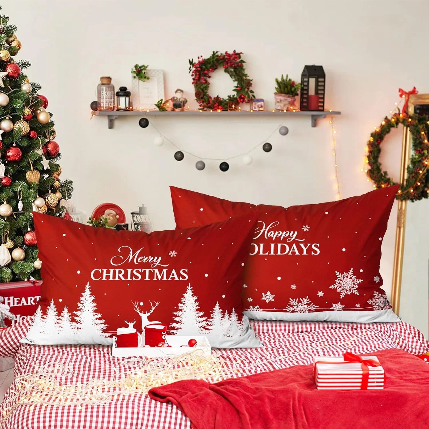 Christmas Queen Pillowcase 20X30 Set of 2, Red Christmas Tree Snowflake Lumbar P