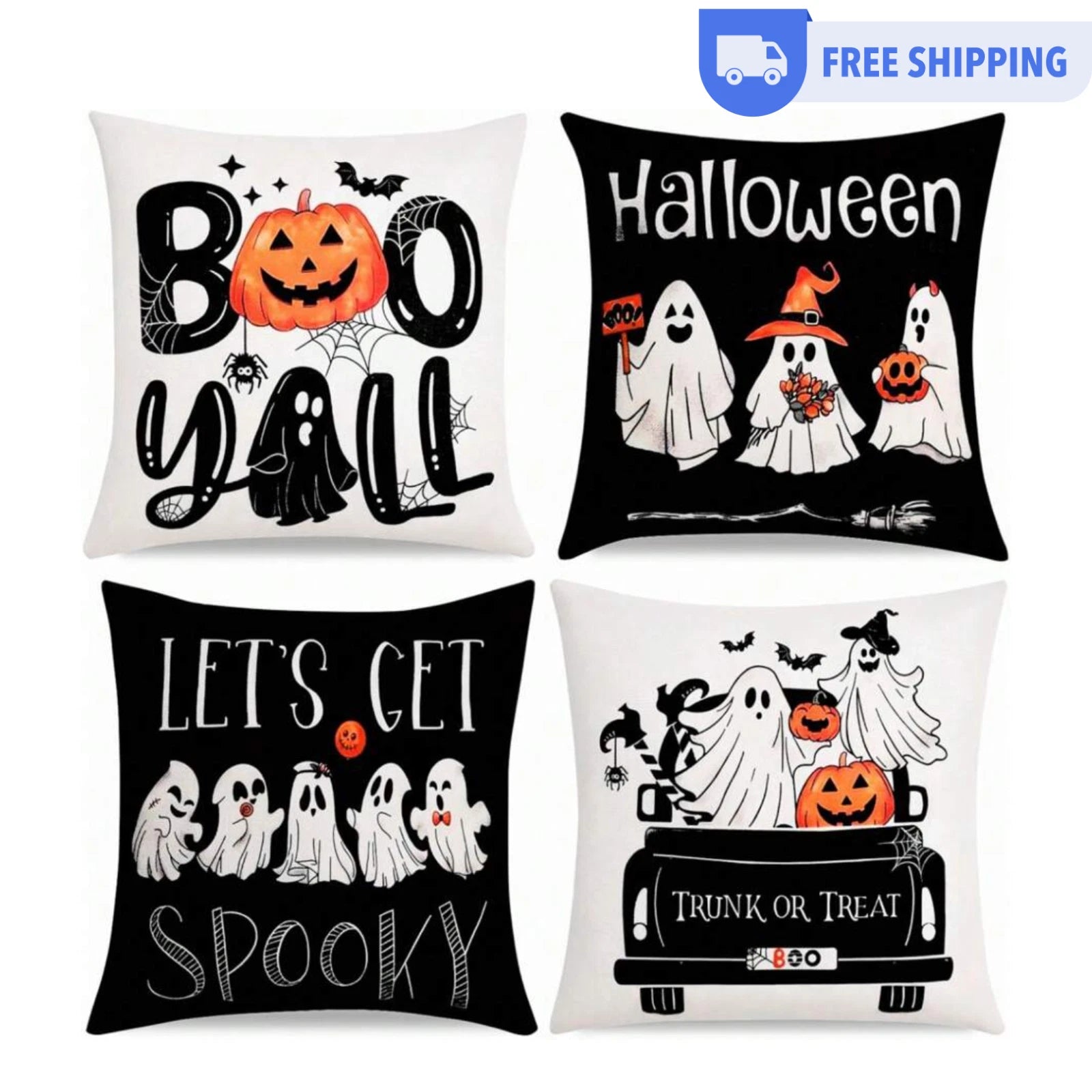 4pcs Halloween Pillow Case 18"X18" Black White Decorative Cushion Cover for Home