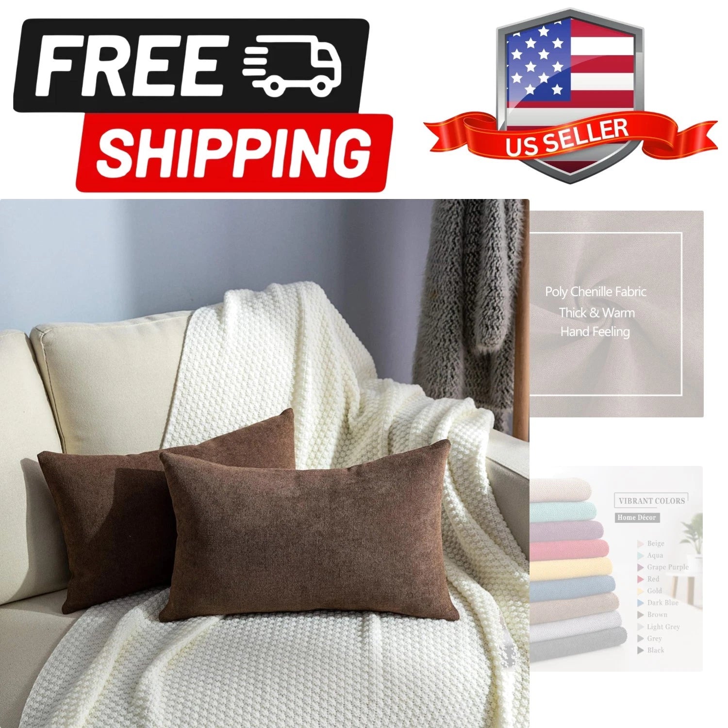 Pack of 2 Lumbar Throw Pillow Covers Rectangle Set Solid Pillowcase for Bed C...