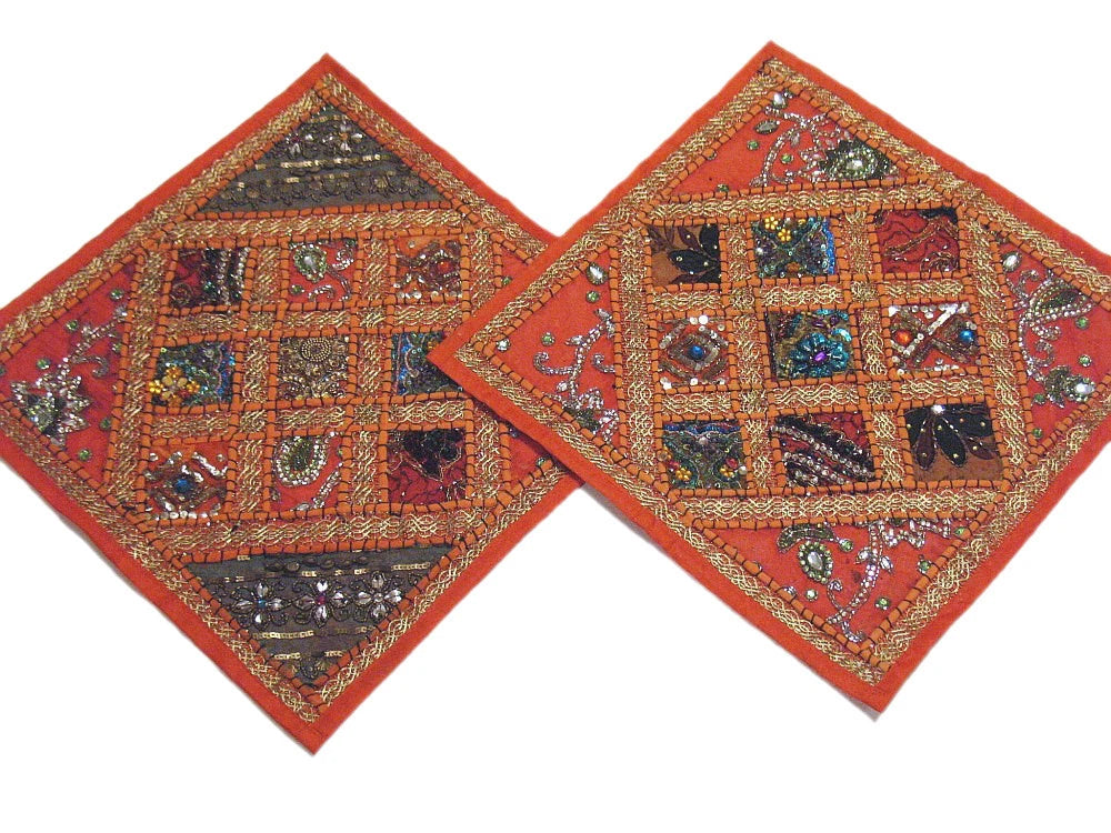 Orange Sari Kundan Cushions 2 Decorative Couch Bed Sofa Throw Indian Pillowcases