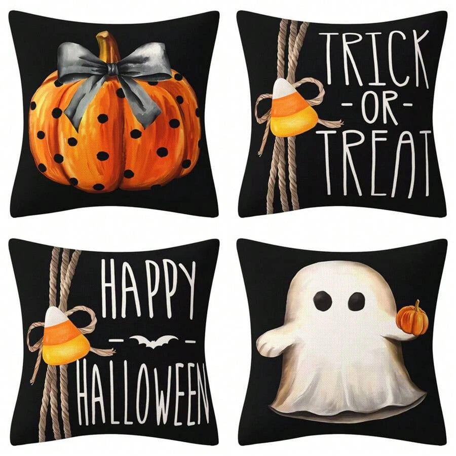 4pcs Halloween Pillow Case 18"X18" Black White Decorative Cushion Cover for Home