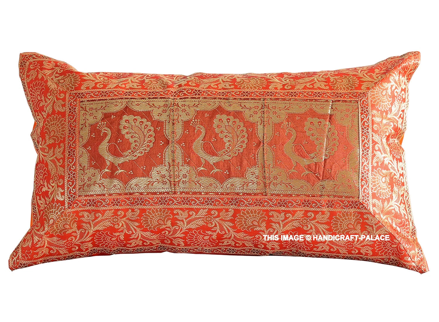 Indian Brocade Silk Cushion Cover Throw Peacock Bedding Sofa Pillow Case 12"x20"