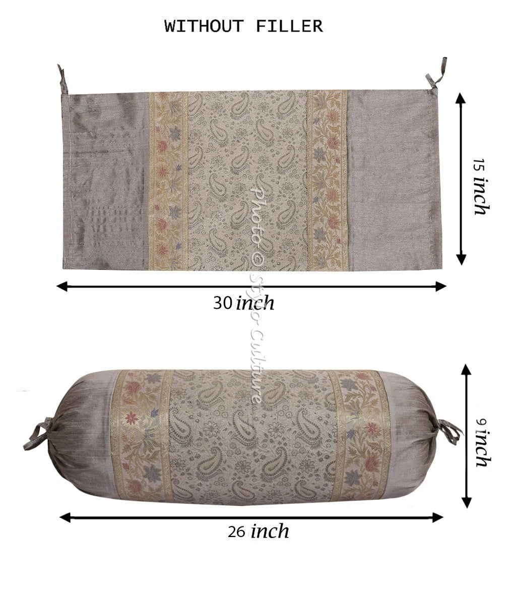 Indian Brocade Silk Round Bed Sofa Pillowcase Neck Bolster Cushion Cover Set