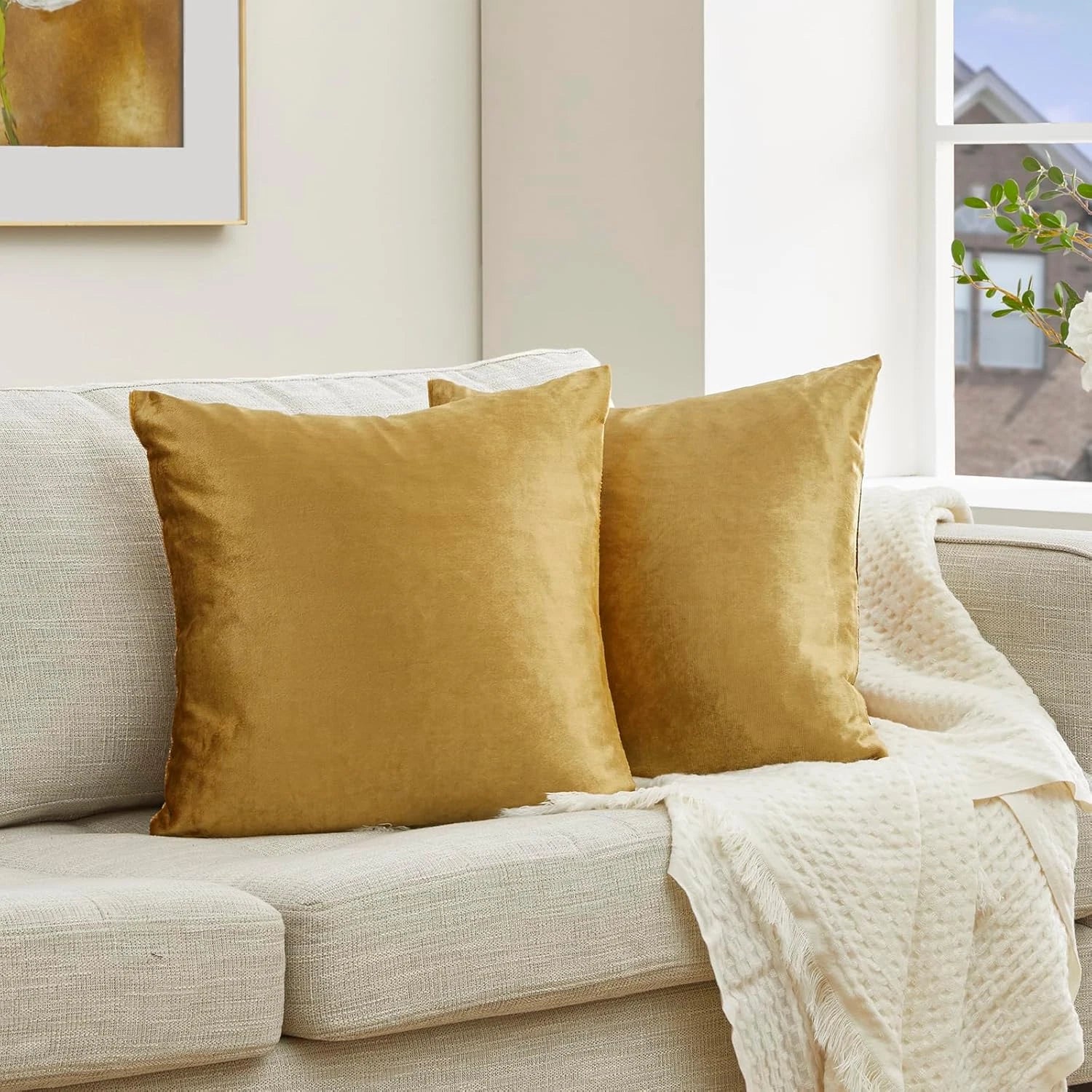 2 Pack Gold Velvet Throw Pillow Covers 18x18 for Couch Sofa Bed Cushion Decor