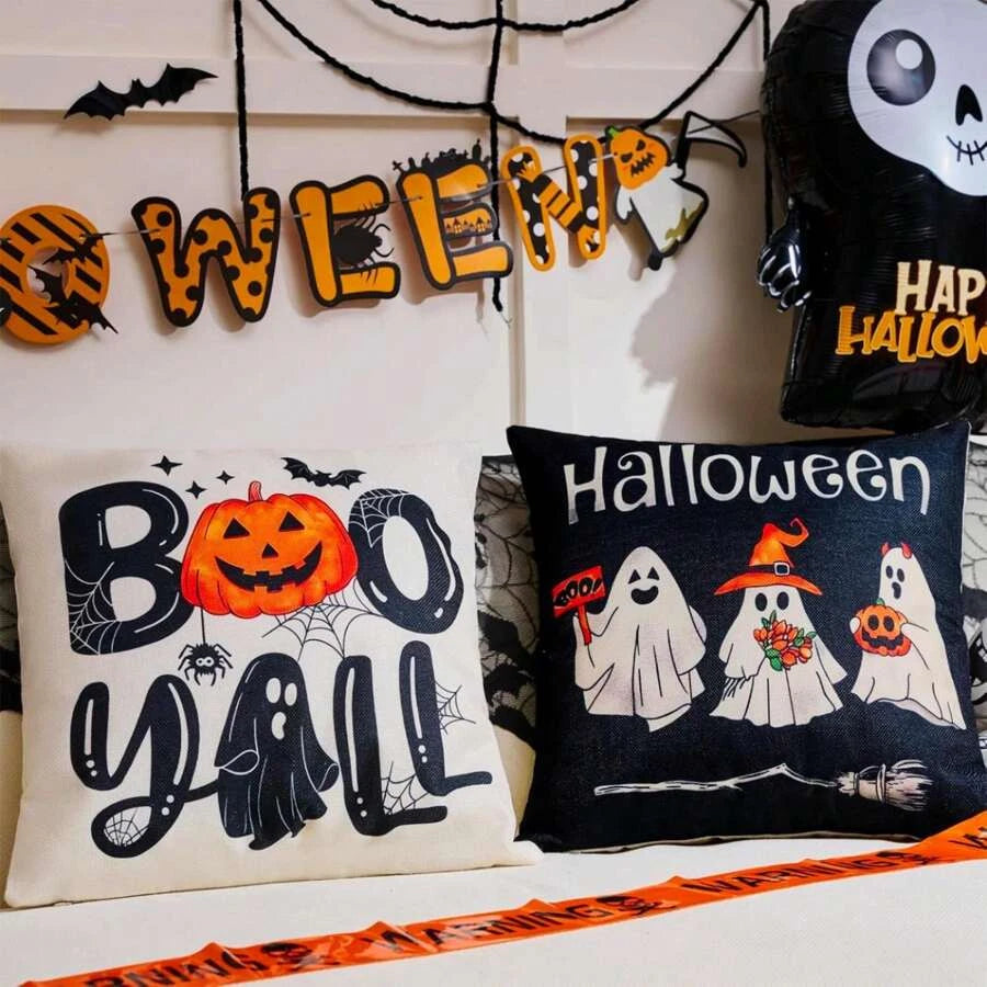 4pcs Halloween Pillow Case 18"X18" Black White Decorative Cushion Cover for Home