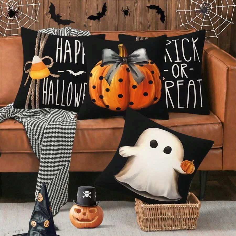 4pcs Halloween Pillow Case 18"X18" Black White Decorative Cushion Cover for Home