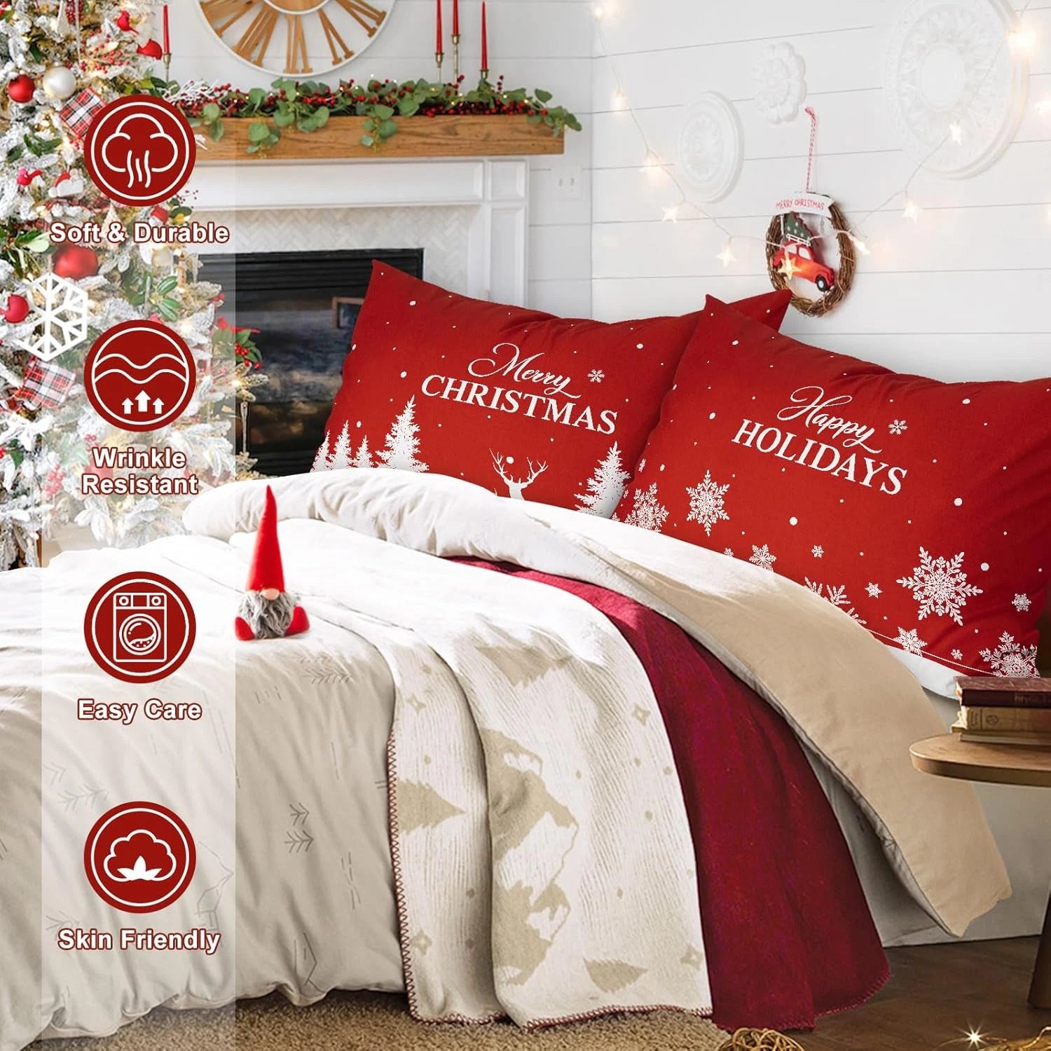 Christmas Queen Pillowcase 20X30 Set of 2, Red Christmas Tree Snowflake Lumbar P