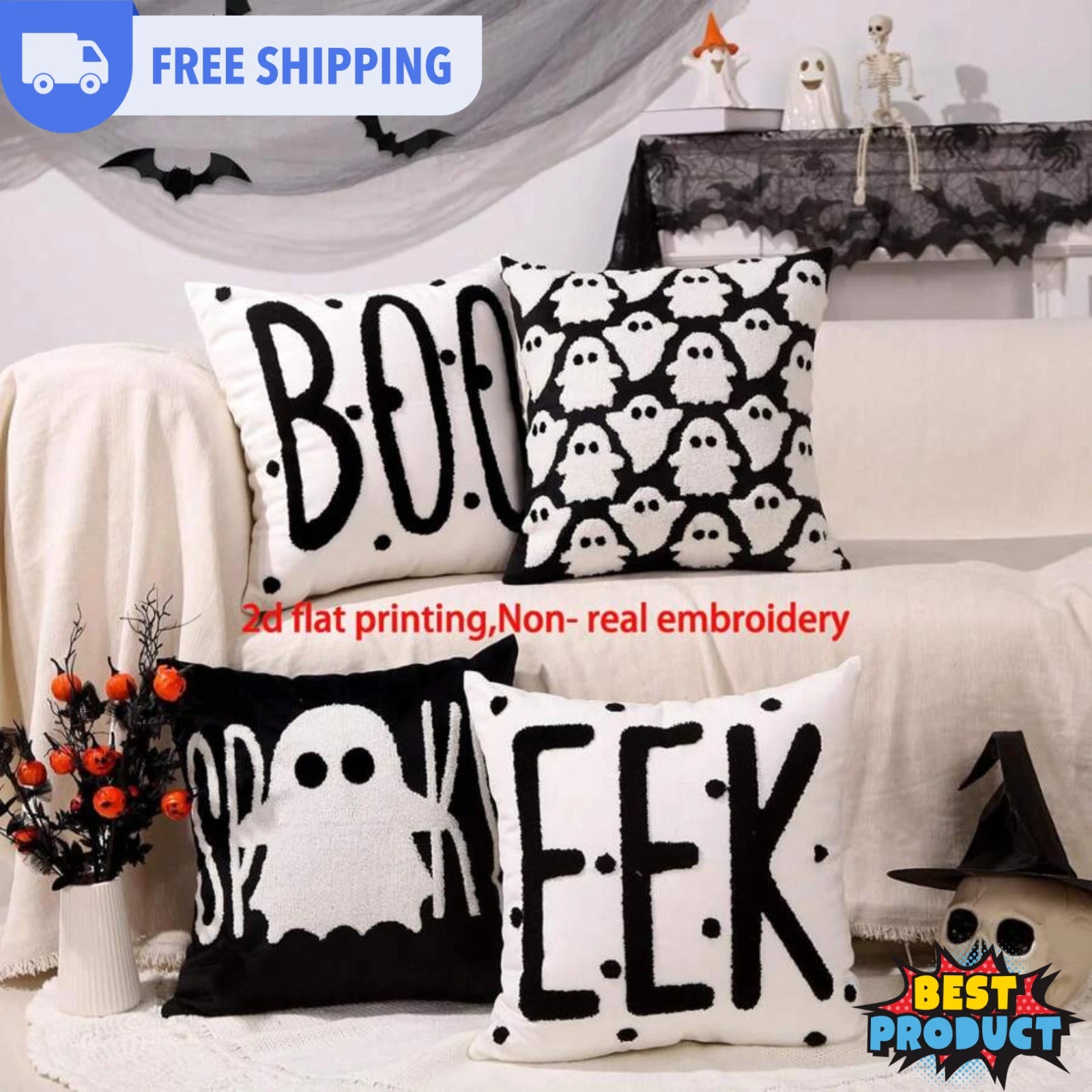 4pcs Halloween Pillow Case 18"X18" Black White Decorative Cushion Cover for Home