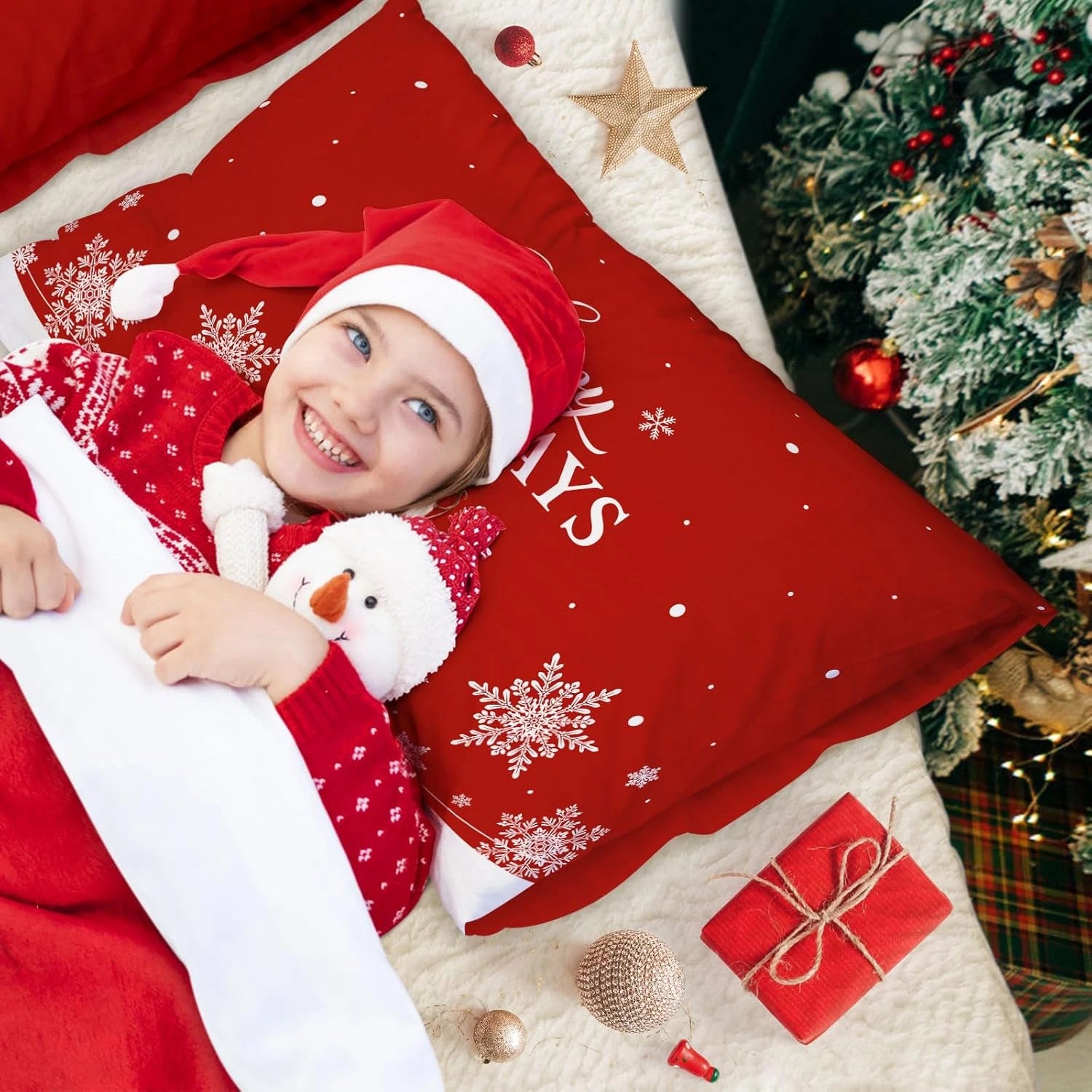 Christmas Queen Pillowcase 20X30 Set of 2, Red Christmas Tree Snowflake Lumbar P