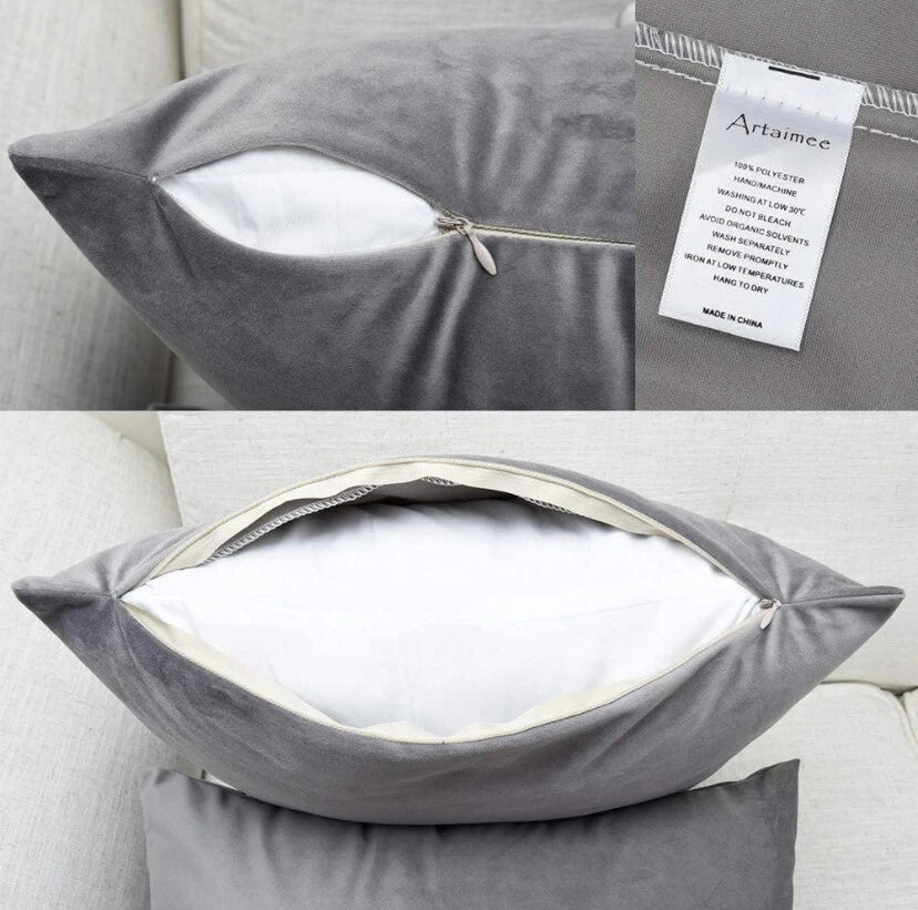 Pack of 2 - Gray Velvet Throw Pillow Covers Sofa Bed Couch Cushion Case