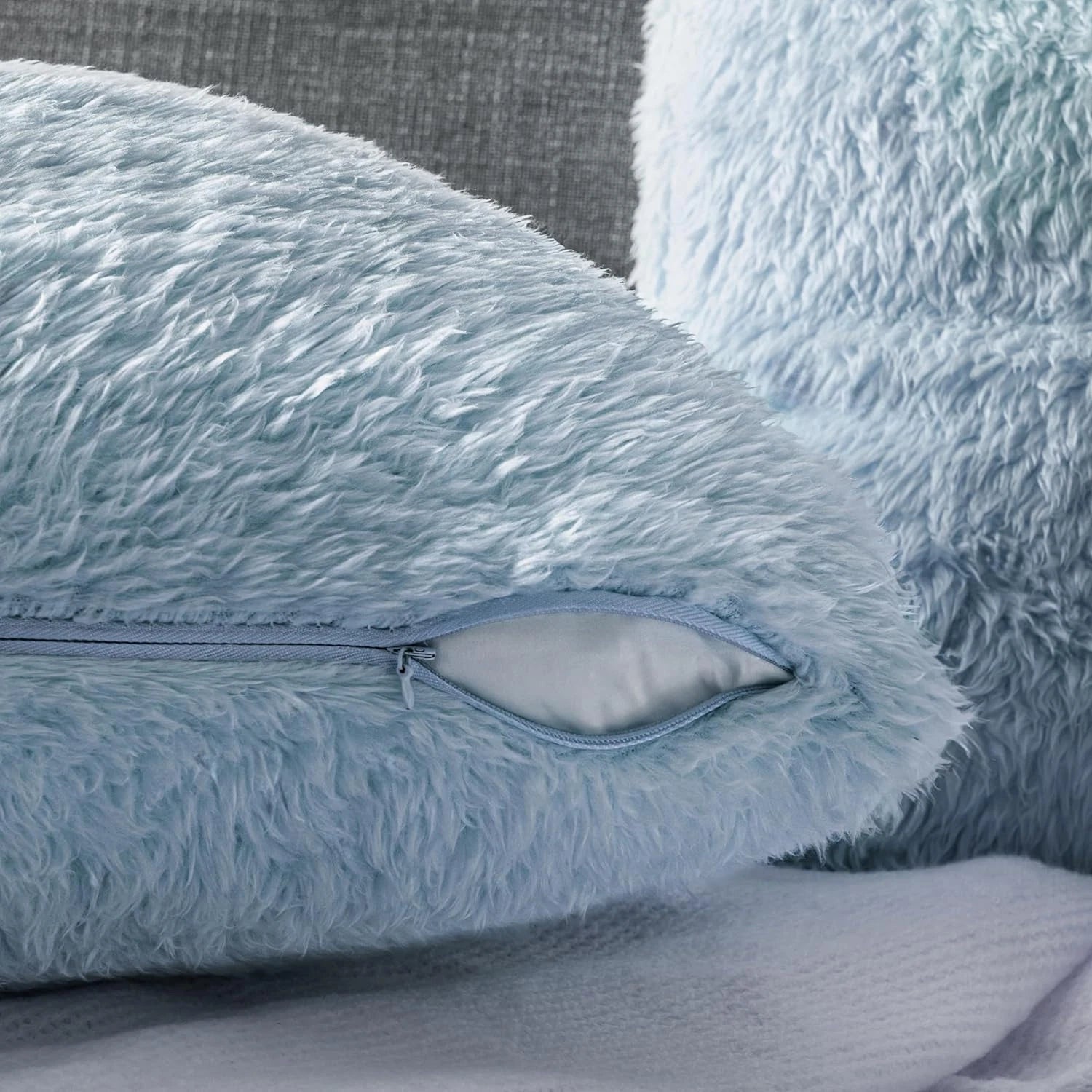 Fluffy Dusty Blue Throw Pillow Covers, Decorative Accent Pillow Cases for Bed So