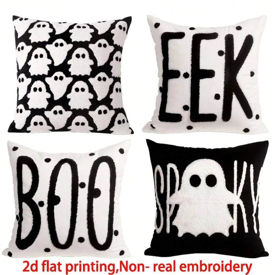 4pcs Halloween Pillow Case 18"X18" Black White Decorative Cushion Cover for Home