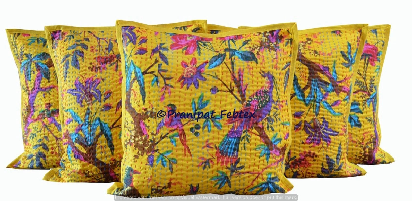 Set of 5 Yellow Bird Print Cotton Kantha Cushion Sham Square Sofa Pillow Cases