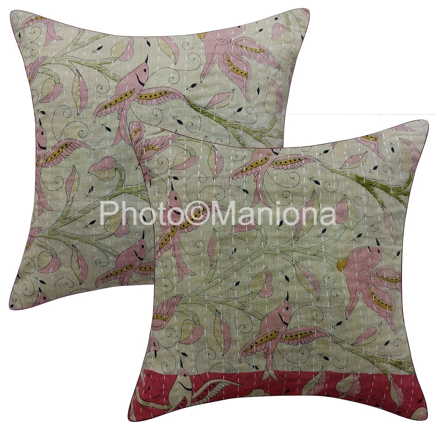 Indian Kantha Cushion Cover bird print Boho Sofa bed Pillow Cases For Home Decor