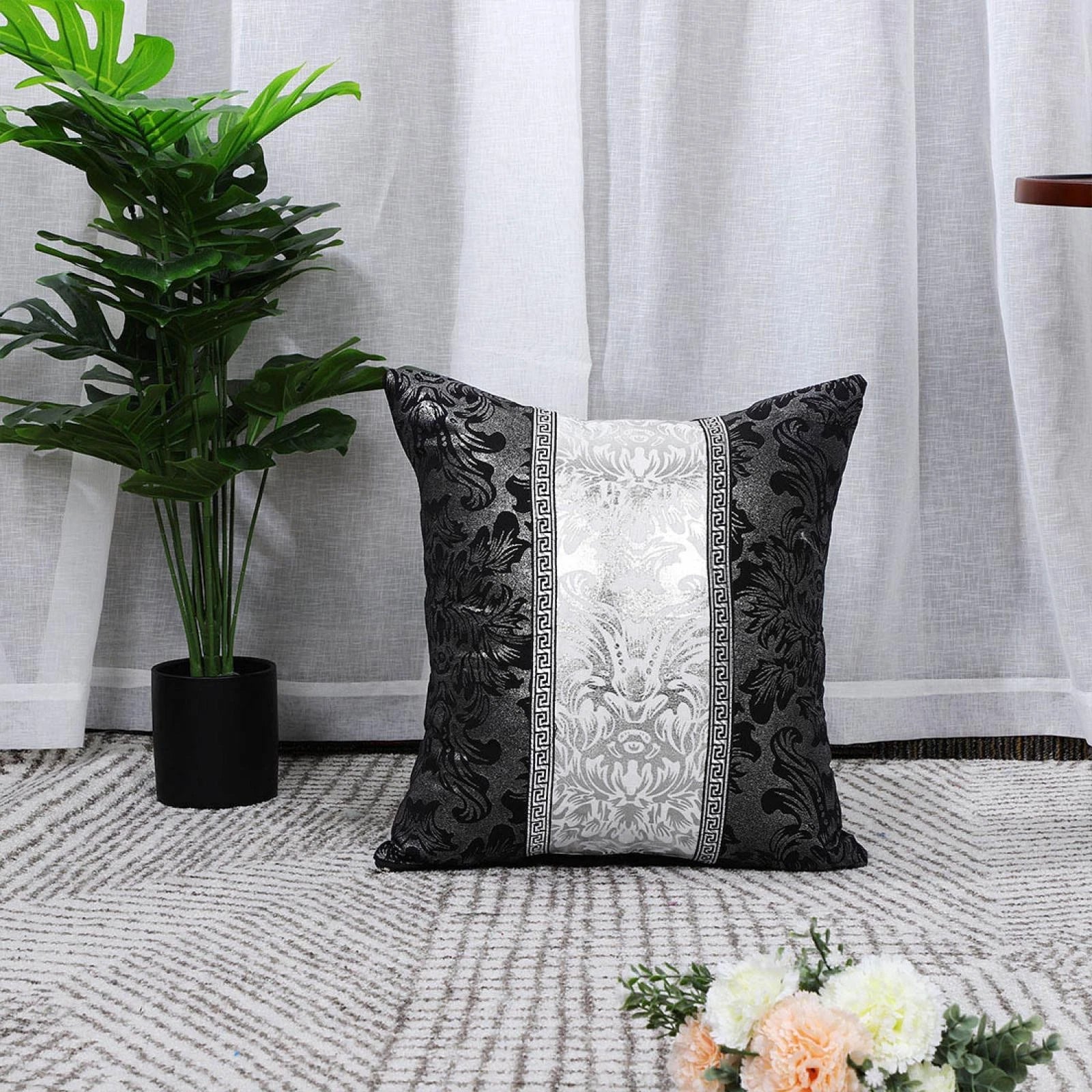 Soft Throw Pillow Case for Sofa Decorative Cushion Cover Room, Black & Silver