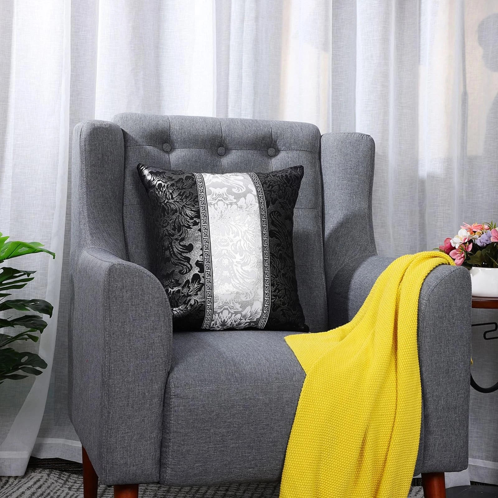 Soft Throw Pillow Case for Sofa Decorative Cushion Cover Room, Black & Silver
