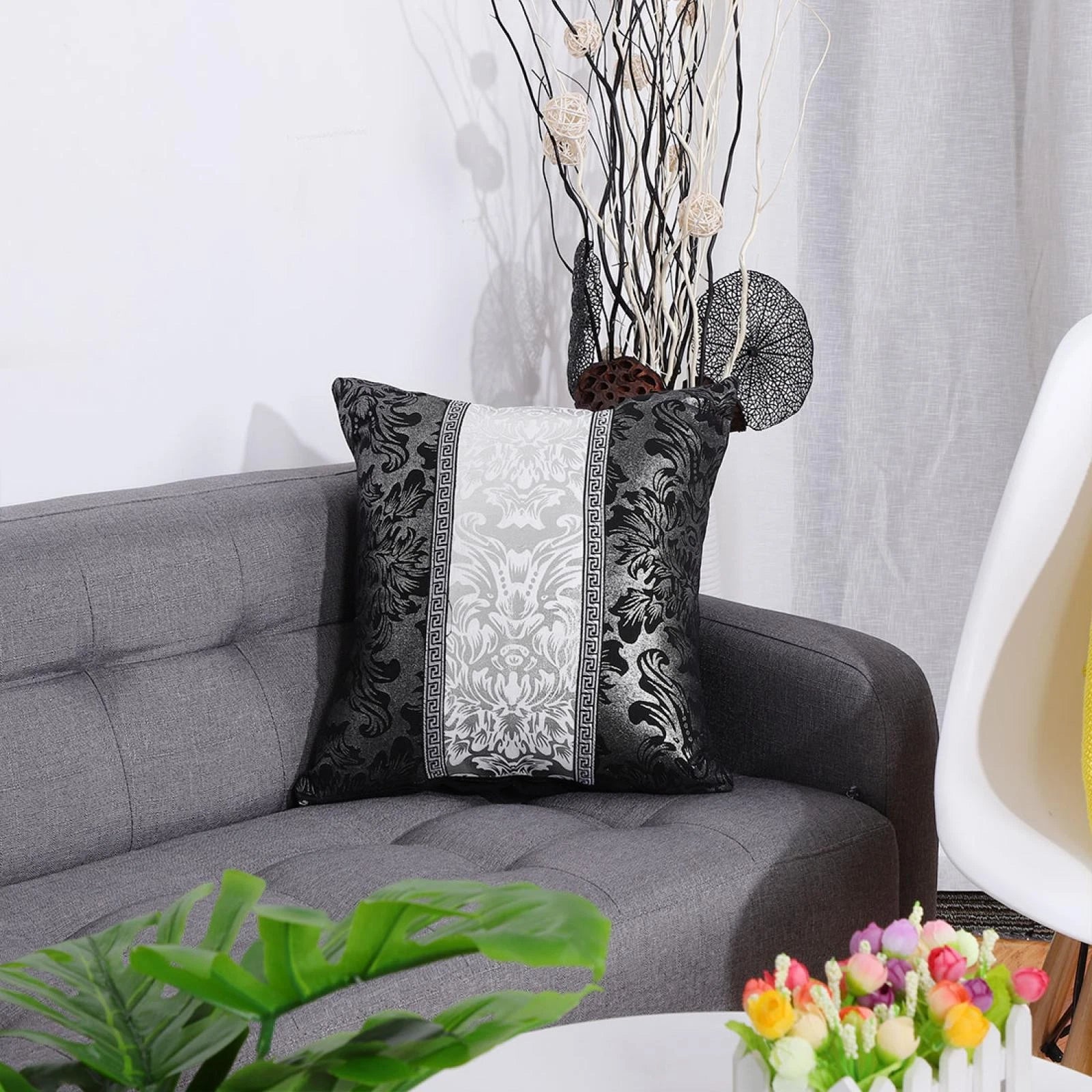 Soft Throw Pillow Case for Sofa Decorative Cushion Cover Room, Black & Silver