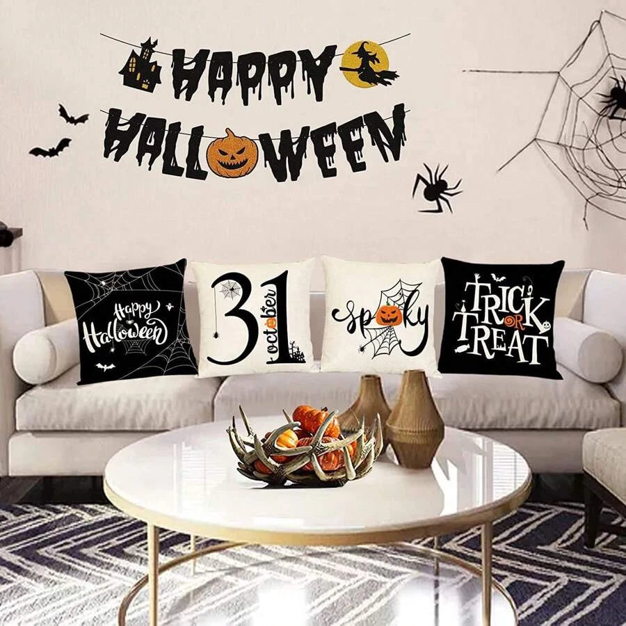 4pcs Halloween Pillow Case 18"X18" Black White Decorative Cushion Cover for Home