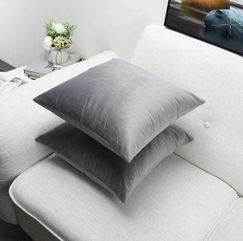 Pack of 2 - Gray Velvet Throw Pillow Covers Sofa Bed Couch Cushion Case
