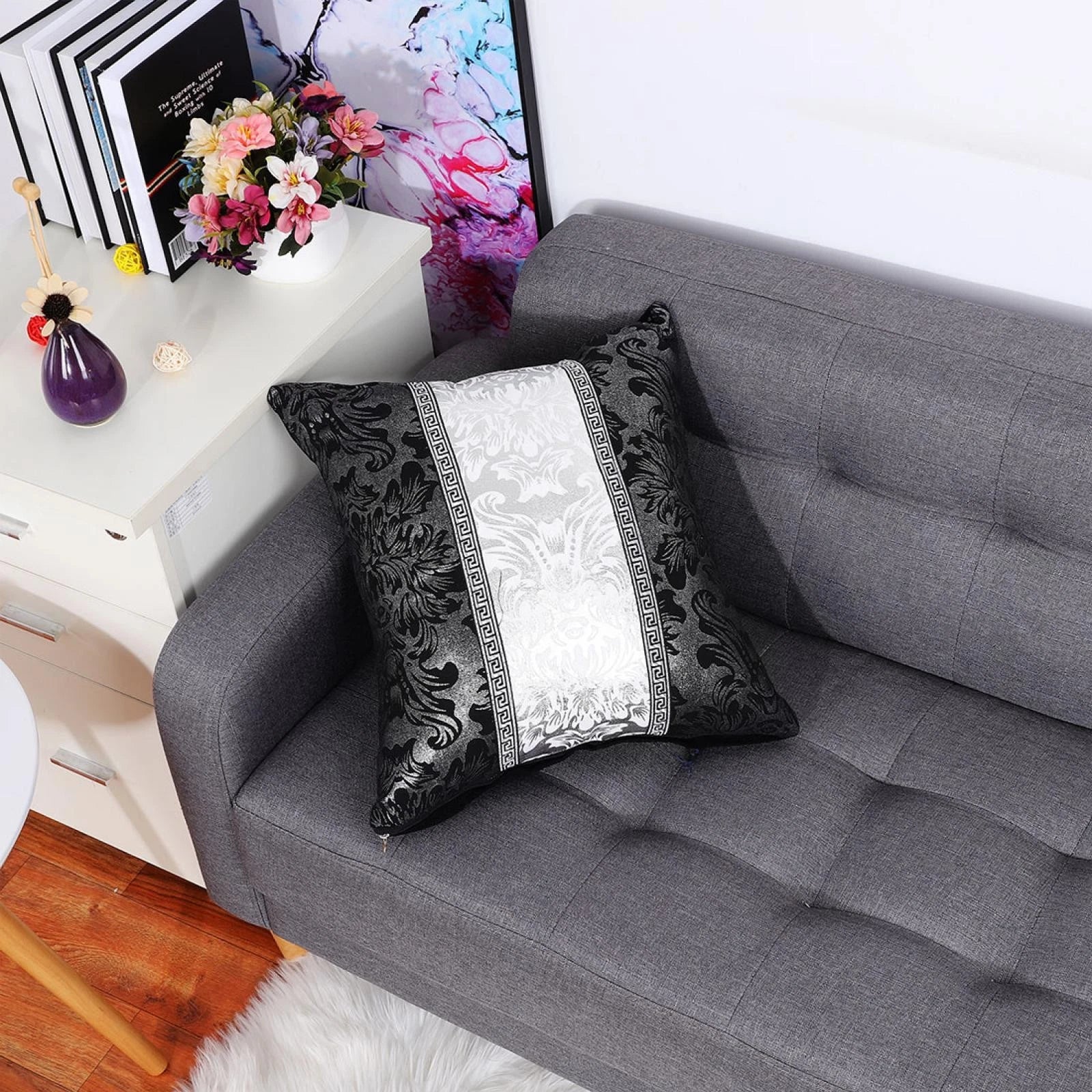 Soft Throw Pillow Case for Sofa Decorative Cushion Cover Room, Black & Silver