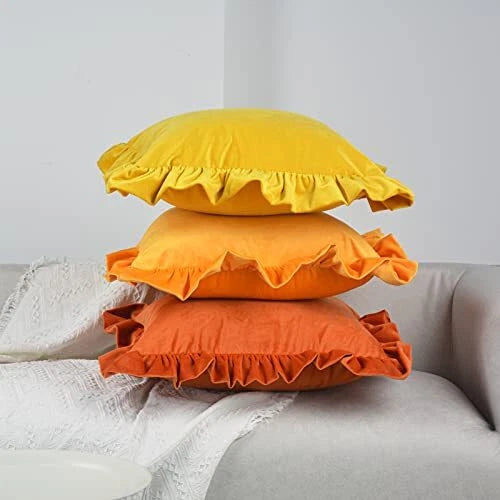 Velvet Ruffle Throw Pillow Covers Couch Set of 2 Decorative Pillowcases with ...