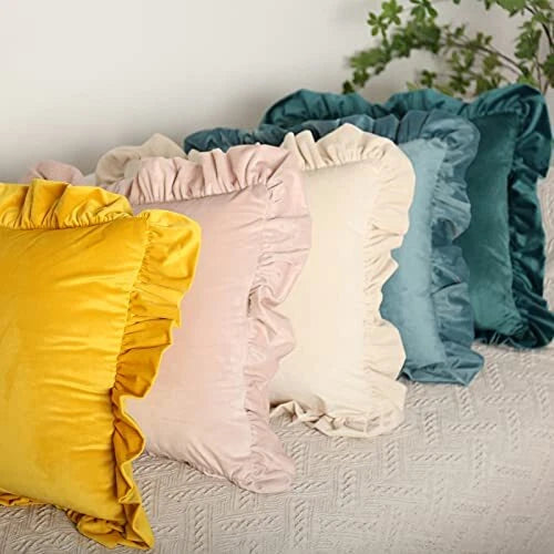 Velvet Ruffle Throw Pillow Covers Couch Set of 2 Decorative Pillowcases with ...