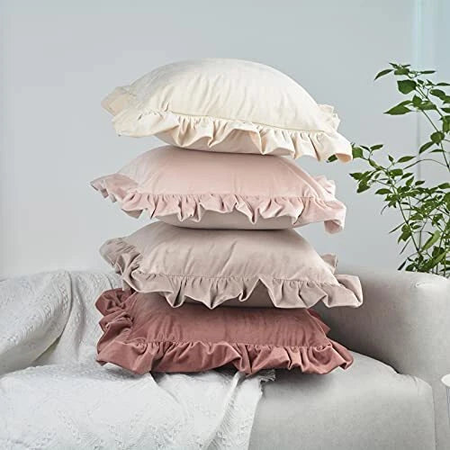 Velvet Ruffle Throw Pillow Covers Couch Set of 2 Decorative Pillowcases with ...
