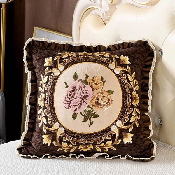 1X Chinese Retro Floral Embroidery Cushion Case Ruffle Trim Pillow Cover No Core