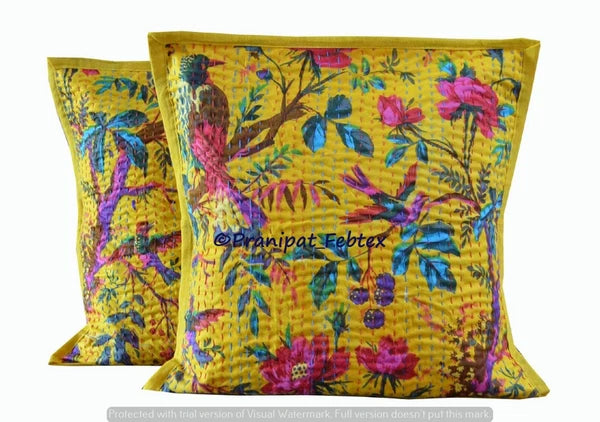 Set of 5 Yellow Bird Print Cotton Kantha Cushion Sham Square Sofa Pillow Cases