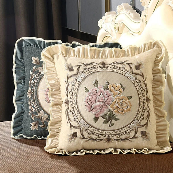 1X Chinese Retro Floral Embroidery Cushion Case Ruffle Trim Pillow Cover No Core
