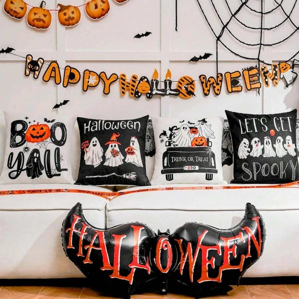 4pcs Halloween Pillow Case 18"X18" Black White Decorative Cushion Cover for Home
