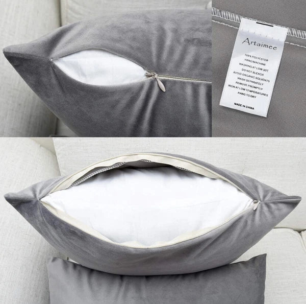 Pack of 2 - Gray Velvet Throw Pillow Covers Sofa Bed Couch Cushion Case