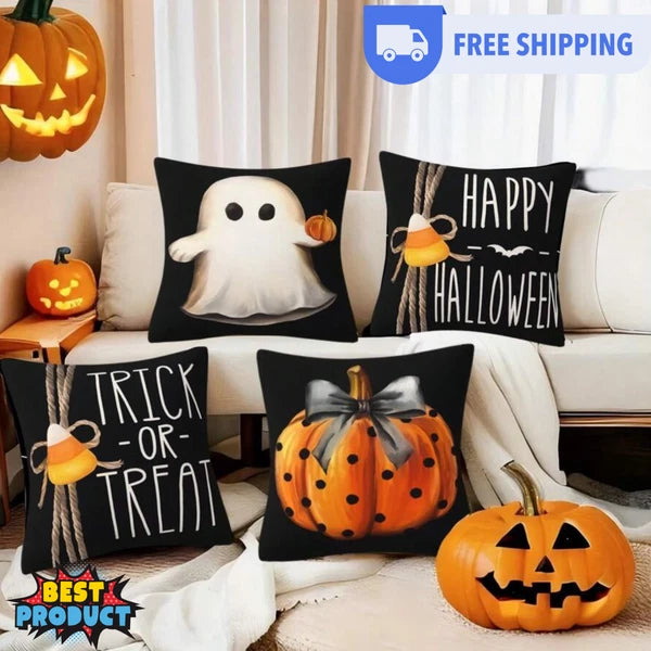 4pcs Halloween Pillow Case 18"X18" Black White Decorative Cushion Cover for Home