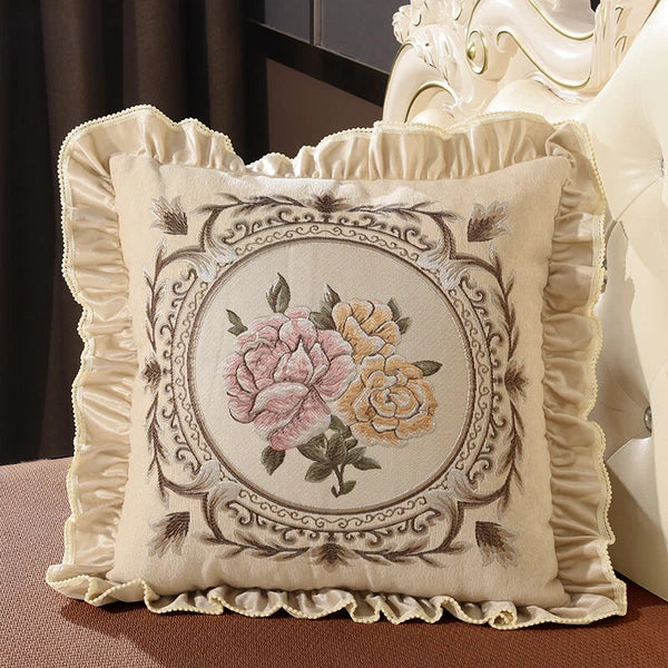 1X Chinese Retro Floral Embroidery Cushion Case Ruffle Trim Pillow Cover No Core