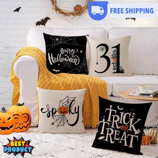 4pcs Halloween Pillow Case 18"X18" Black White Decorative Cushion Cover for Home