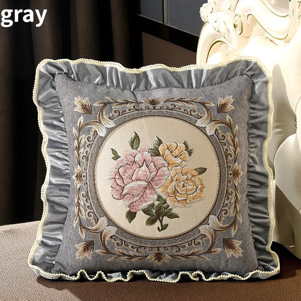 1X Chinese Retro Floral Embroidery Cushion Case Ruffle Trim Pillow Cover No Core