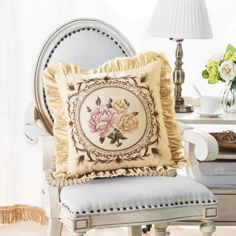 1X Chinese Retro Floral Embroidery Cushion Case Ruffle Trim Pillow Cover No Core
