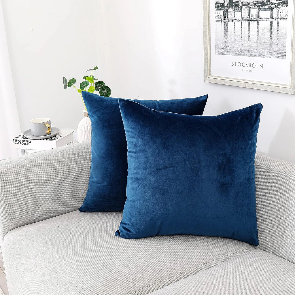 Velvet Throw Pillow Covers Set of 2 for Couch and Outdoor, 18x18 Inch, Blue