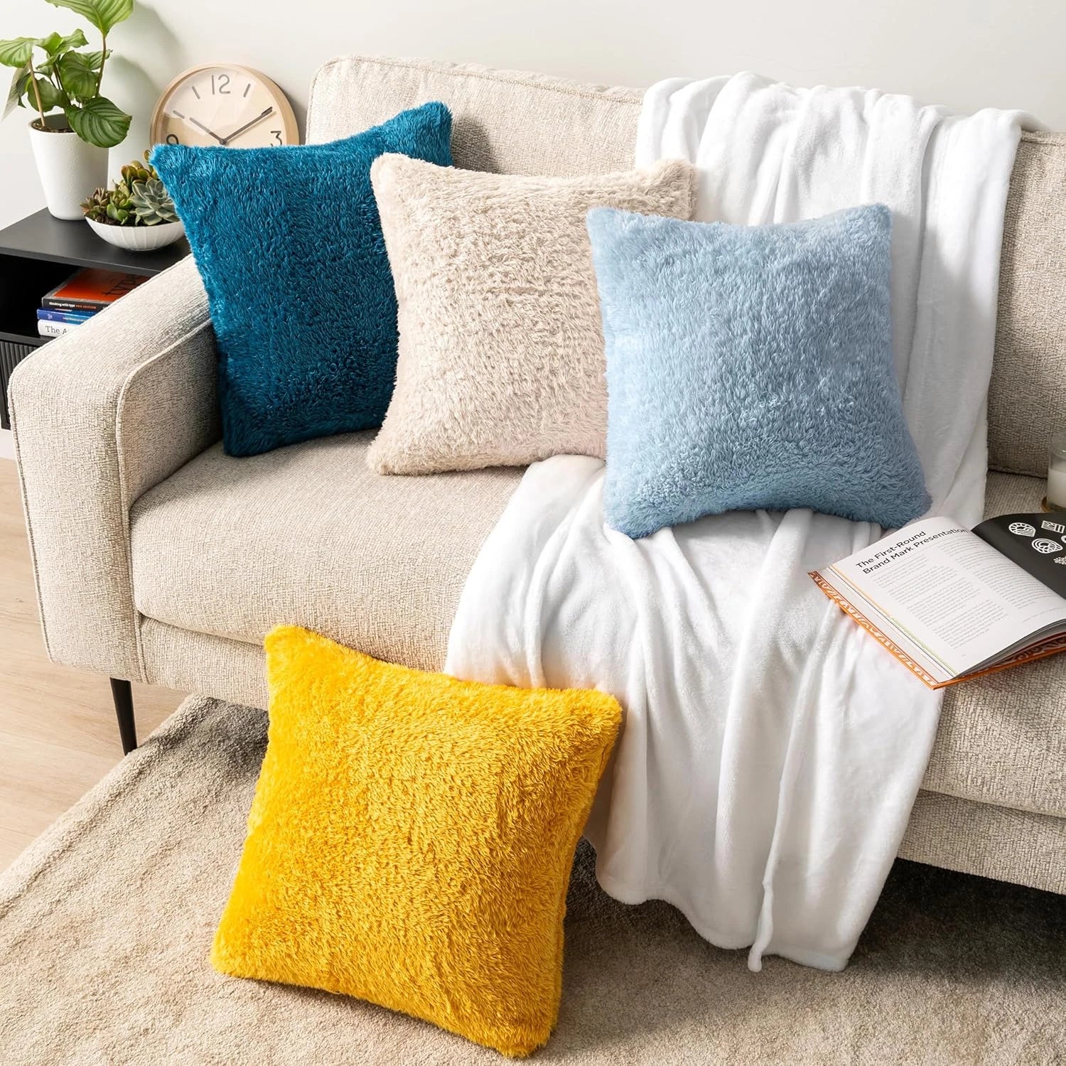 Fluffy Dusty Blue Throw Pillow Covers, Decorative Accent Pillow Cases for Bed So
