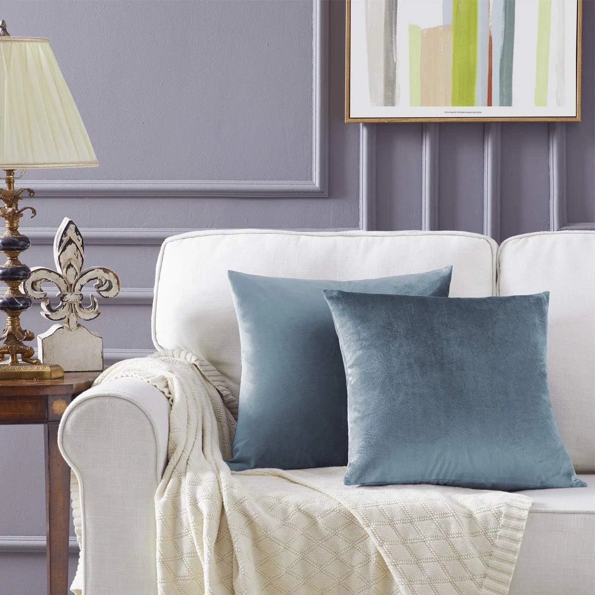 2 Pack 18x18 Velvet Pillow Covers, Stone Blue Couch Cushions